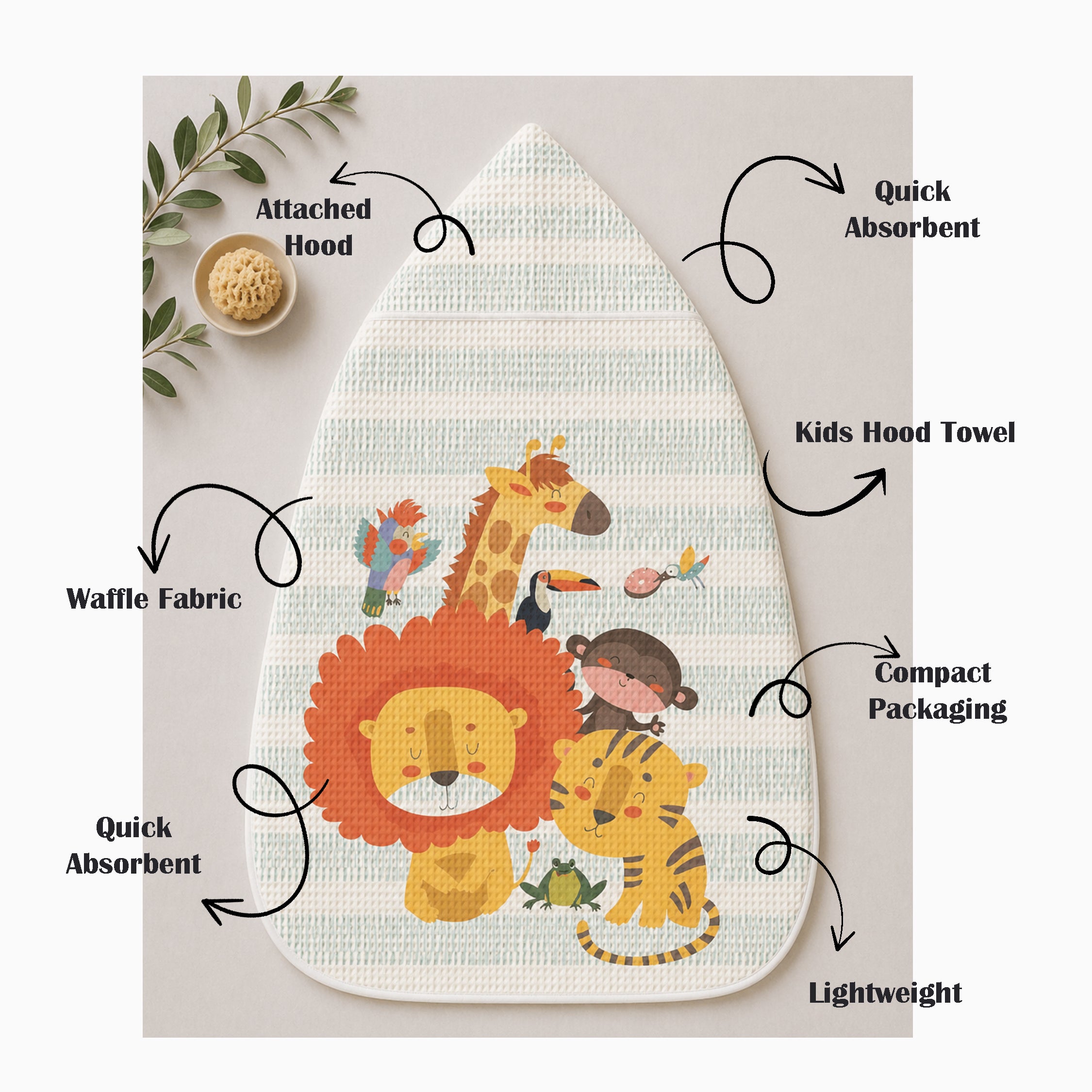 Jungle Baby Waffle Hooded Towel – 100% Cotton