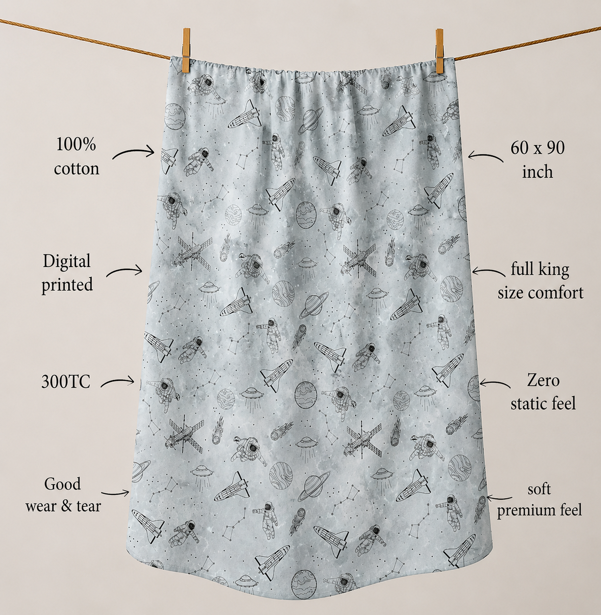 Astronaut 100% Cotton Single Bedsheet – 300 TC