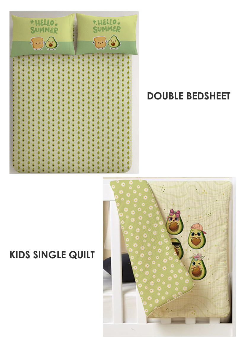 Avocado Kids Room Combo – King Size Bedsheet + Reversible Kids Quilt
