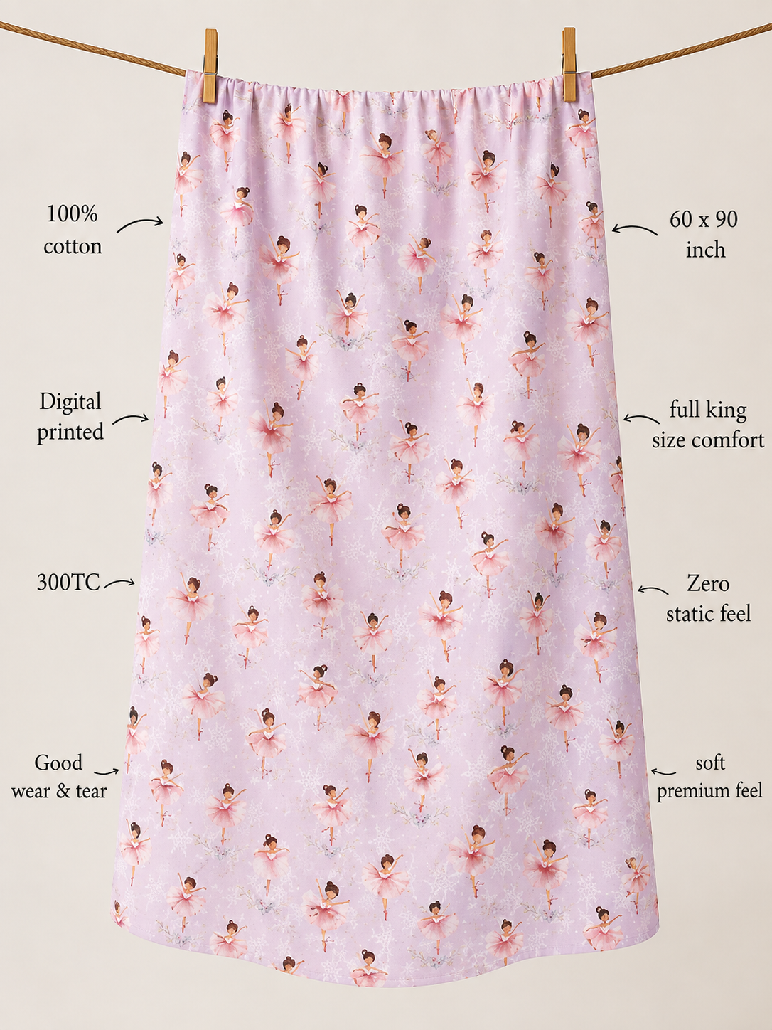 Dancing Ballerina 100% Cotton Single Bedsheet – 300 TC