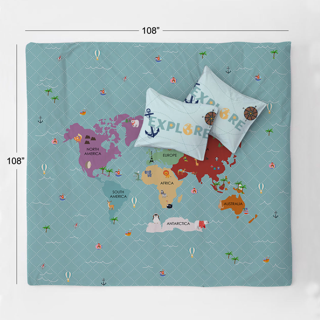 Exploring Map Room Combo – King Size Bedsheet + Reversible Kids Double Quilt