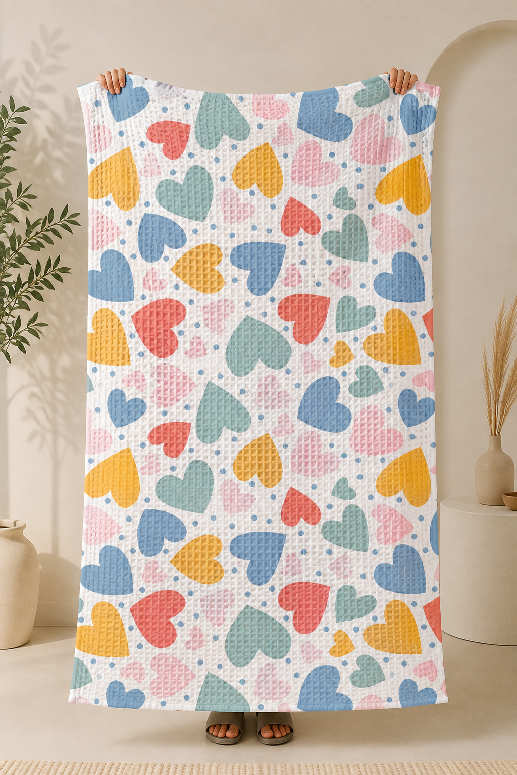 Colorful Hearts Waffle Bath Towel – 100% Cotton