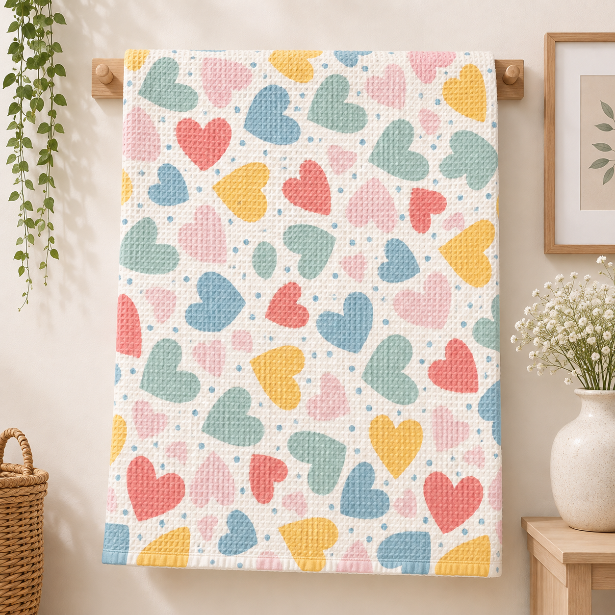 Colorful Hearts Waffle Bath Towel – 100% Cotton