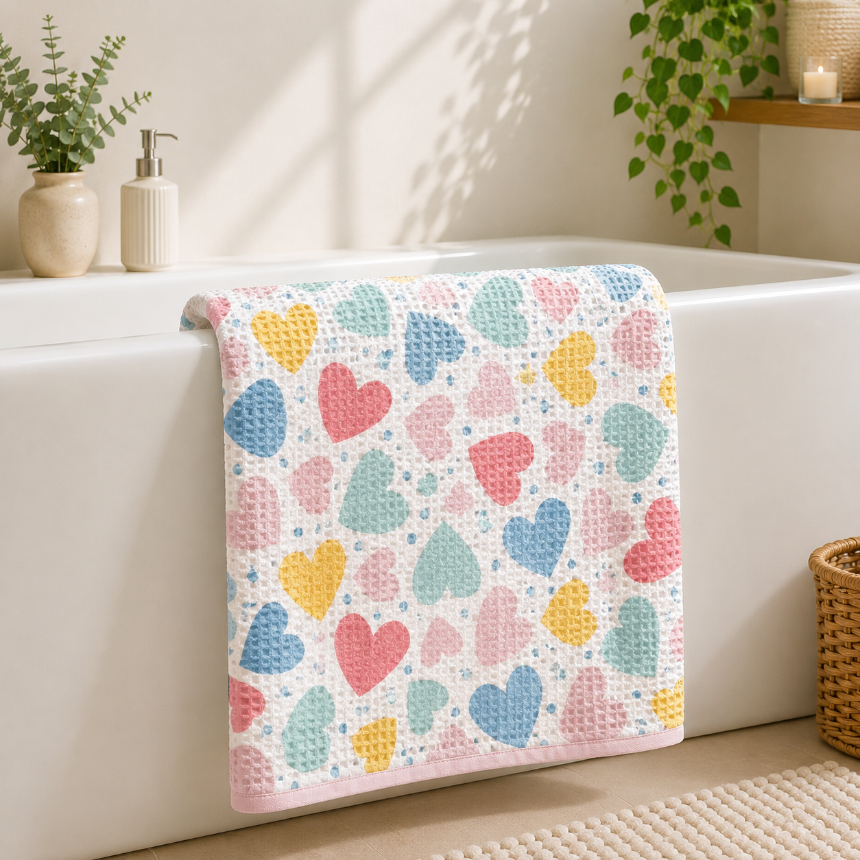Colorful Hearts Waffle Bath Towel – 100% Cotton