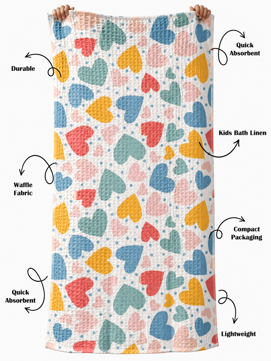 Colorful Hearts Waffle Bath Towel – 100% Cotton