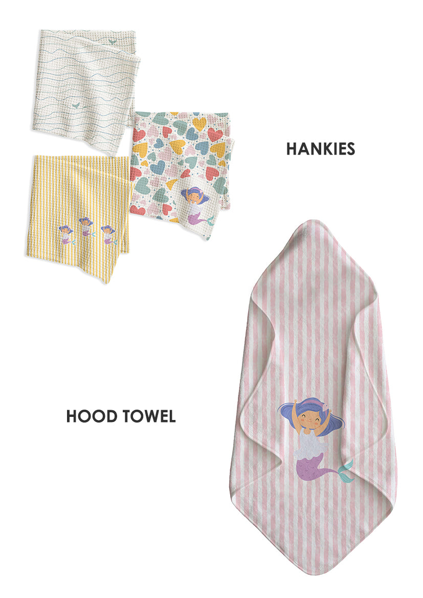 Colorful Hearts Kids Bath Linen Combo – Hood Towel + Hankies