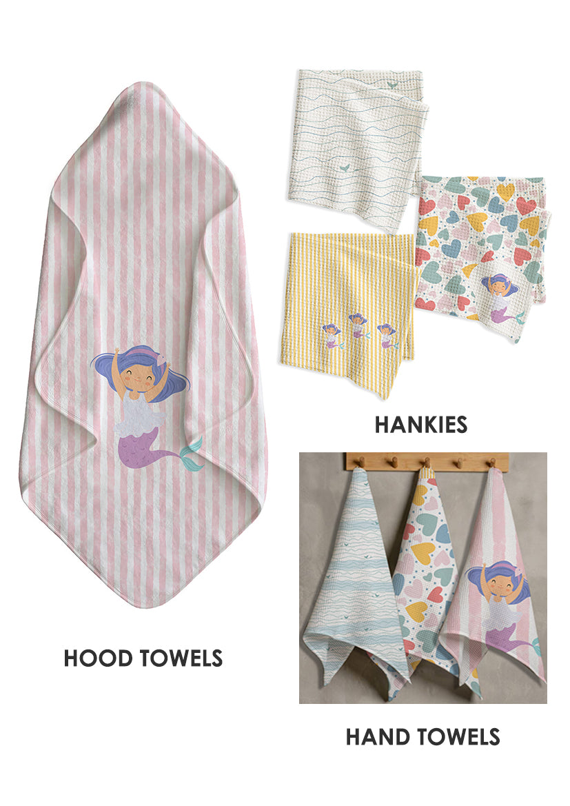 Colorful Hearts Kids Bath Linen Combo – Hood Towel + Hankies + Hand Towels