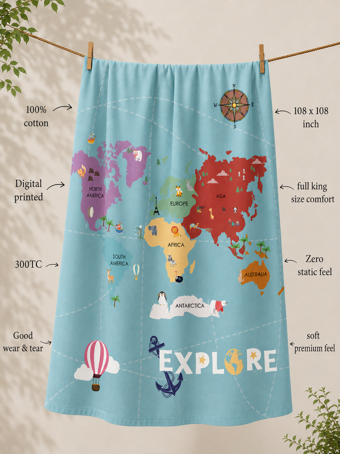 World Map 100% Cotton Double Bedsheet