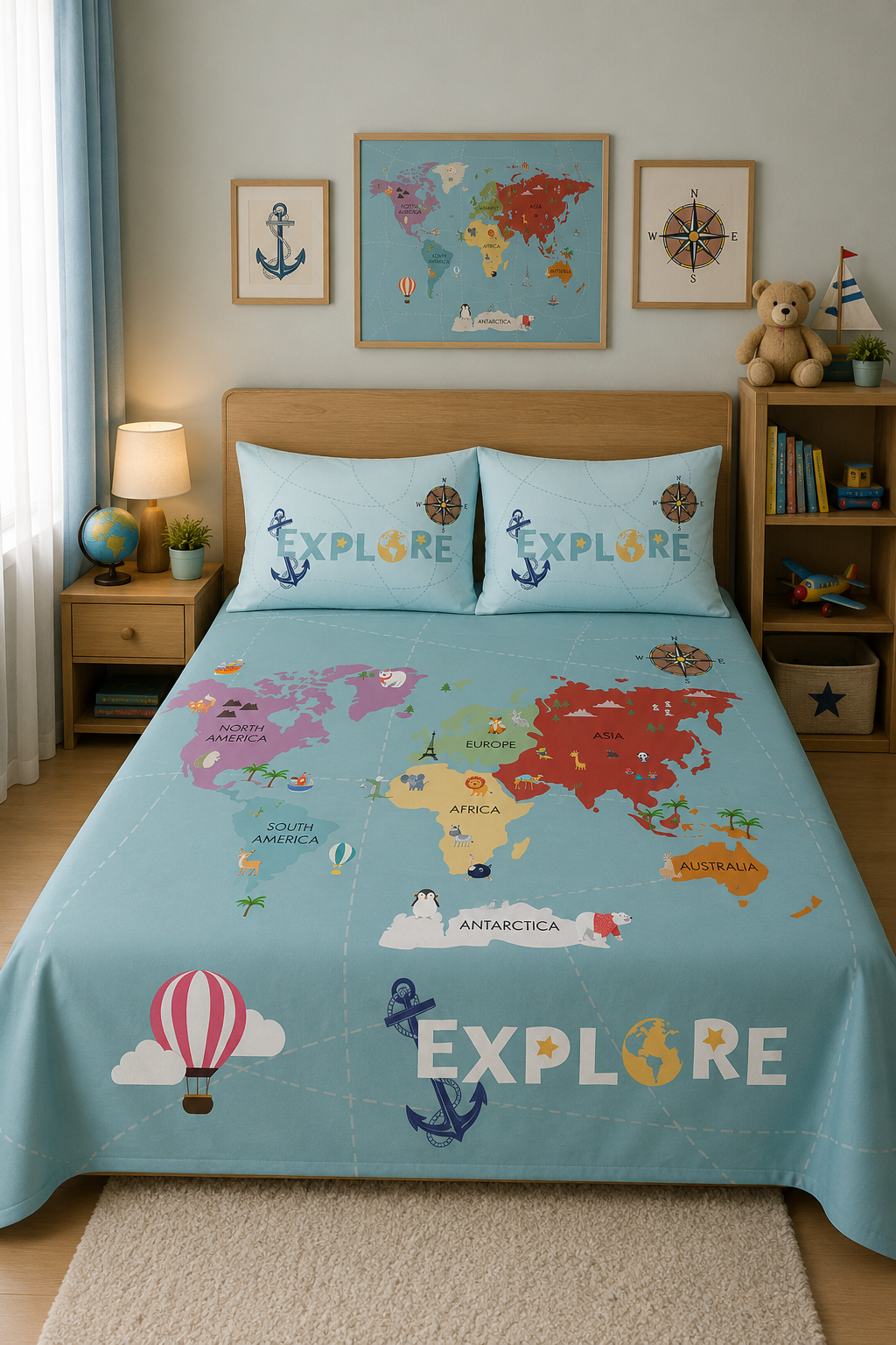 World Map 100% Cotton Double Bedsheet