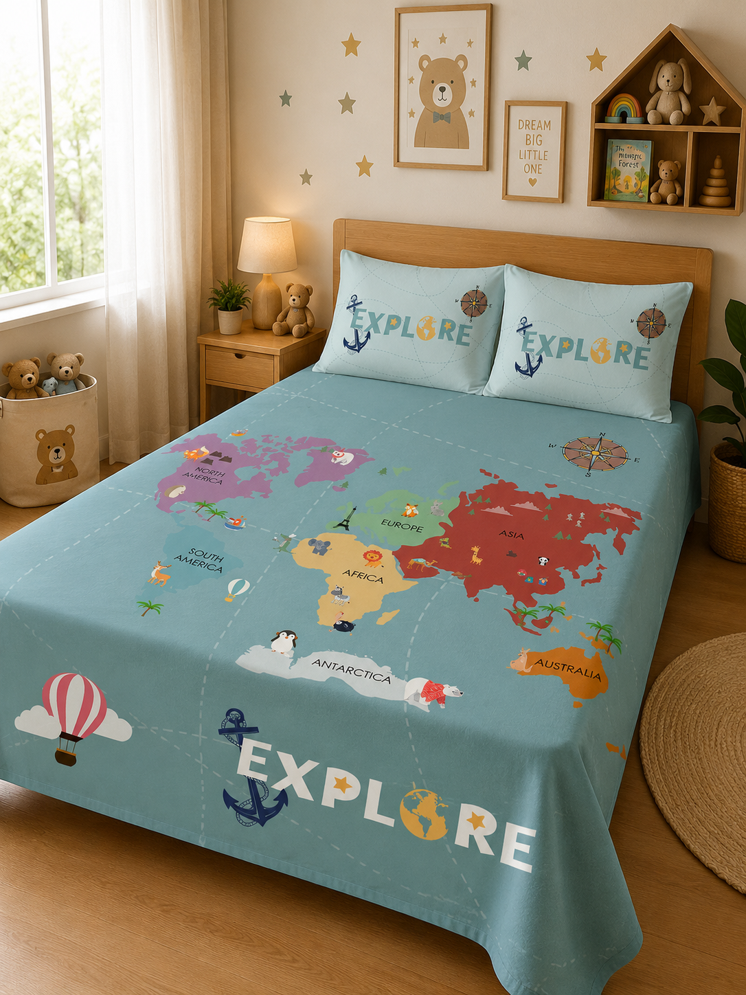 World Map 100% Cotton Double Bedsheet