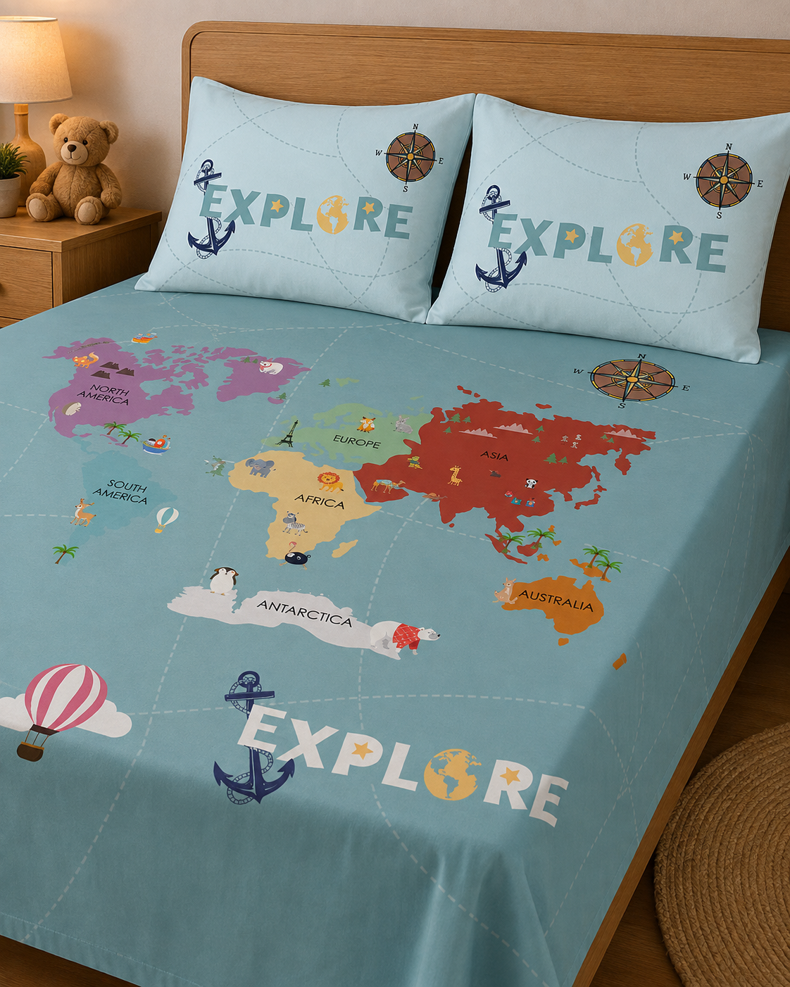 World Map 100% Cotton Double Bedsheet
