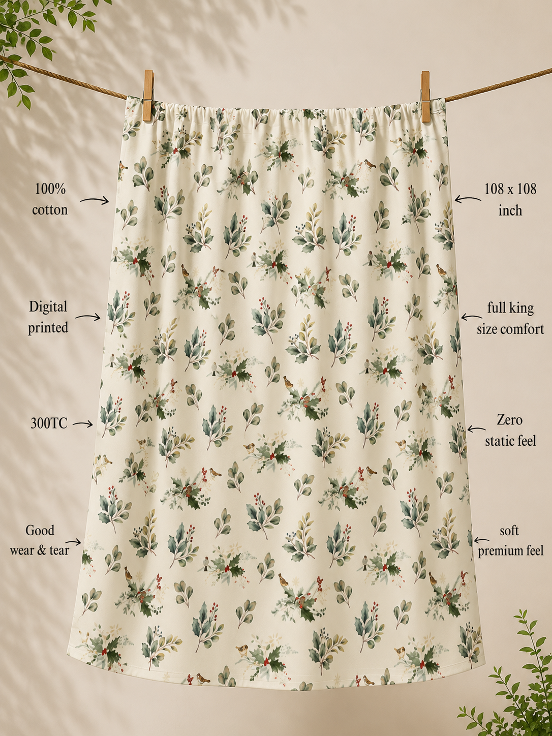 X Mas Leaves 100% Cotton Double Bedsheet