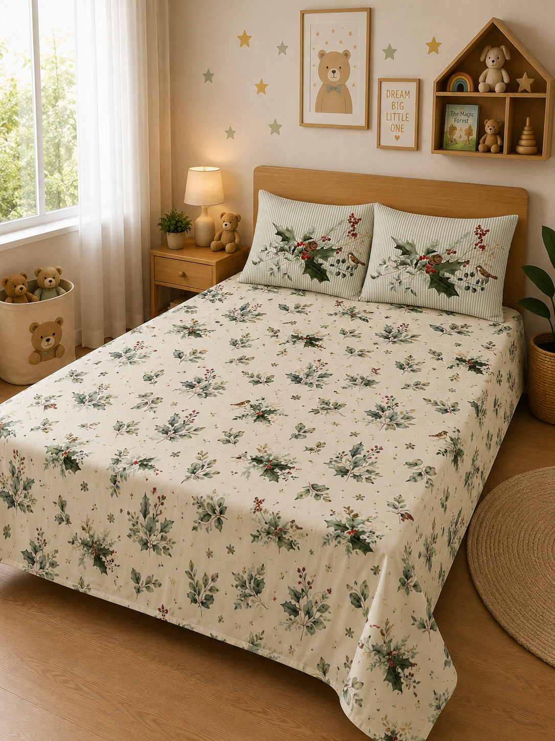 X Mas Leaves 100% Cotton Double Bedsheet