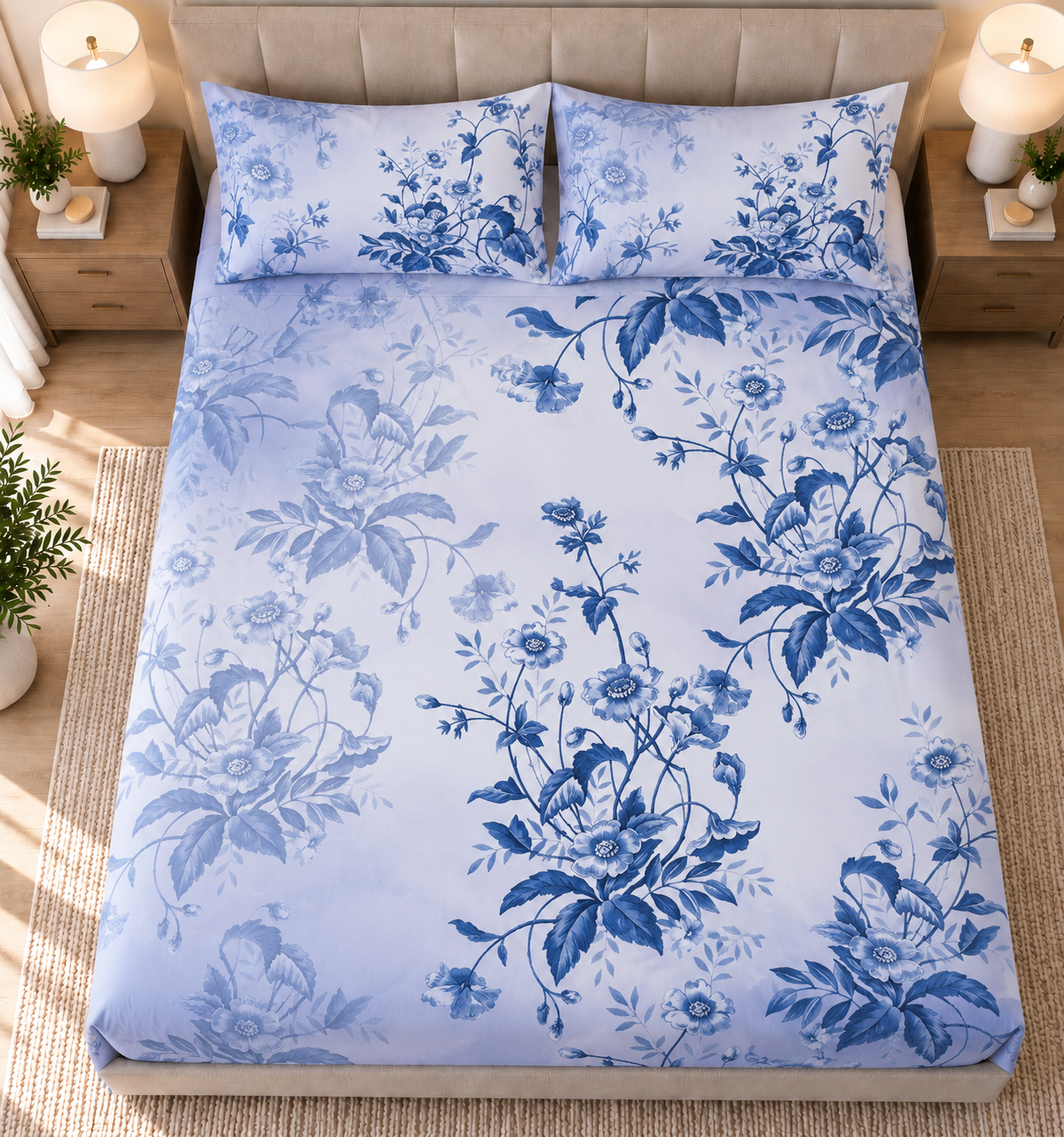 The Blue Bloom Luxury Double Bedsheet 800 TC