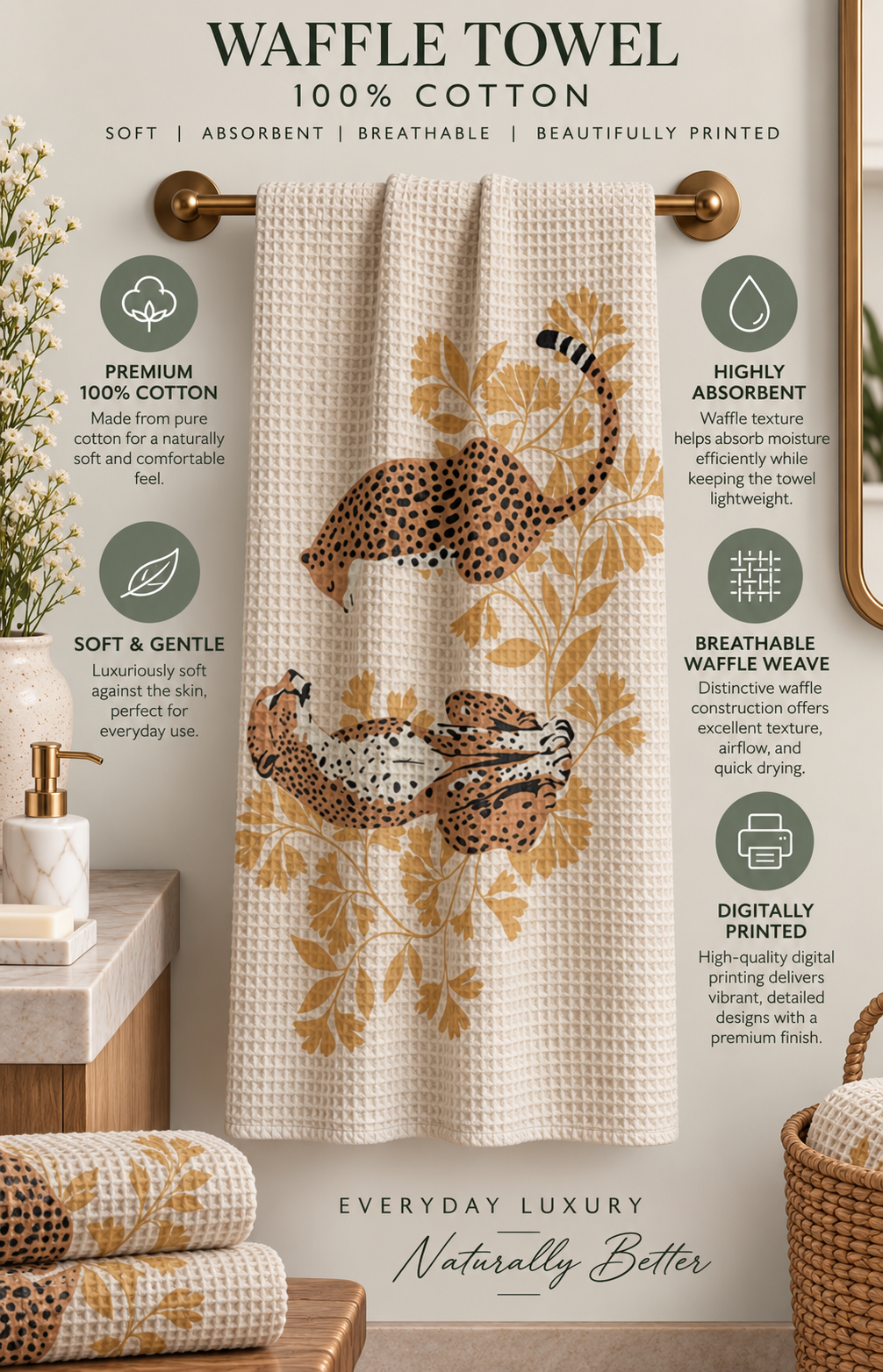 Leopard Waffle Bath Towel – 100% Cotton