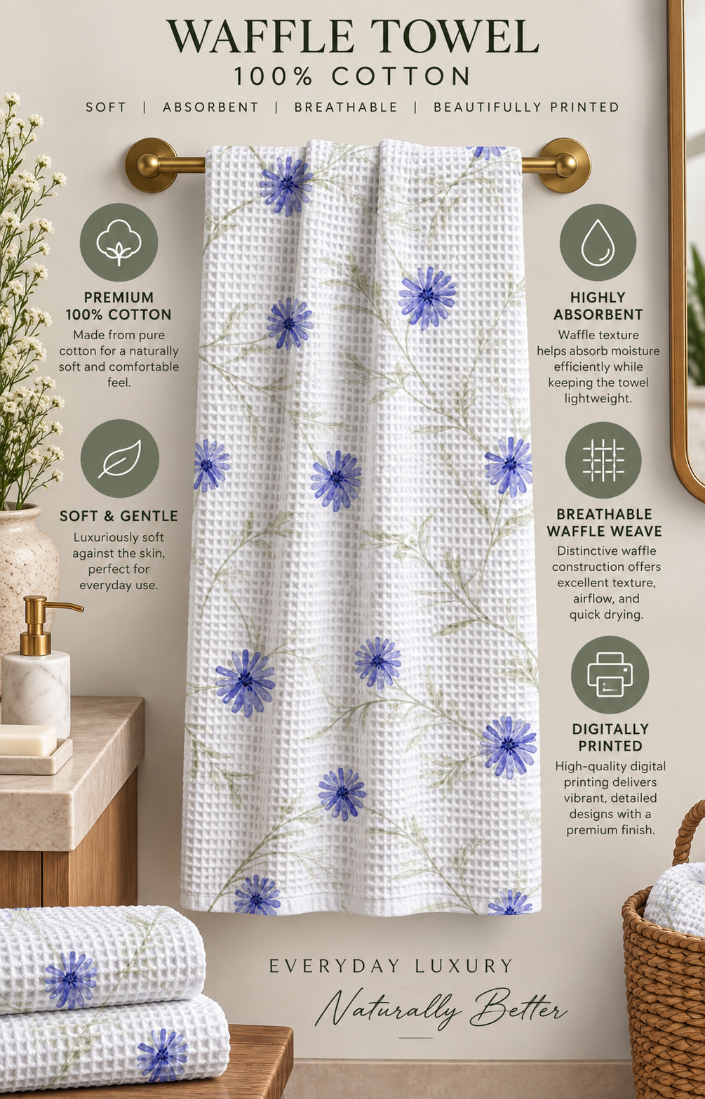 Soft Florals Waffle Bath Towel – 100% Cotton