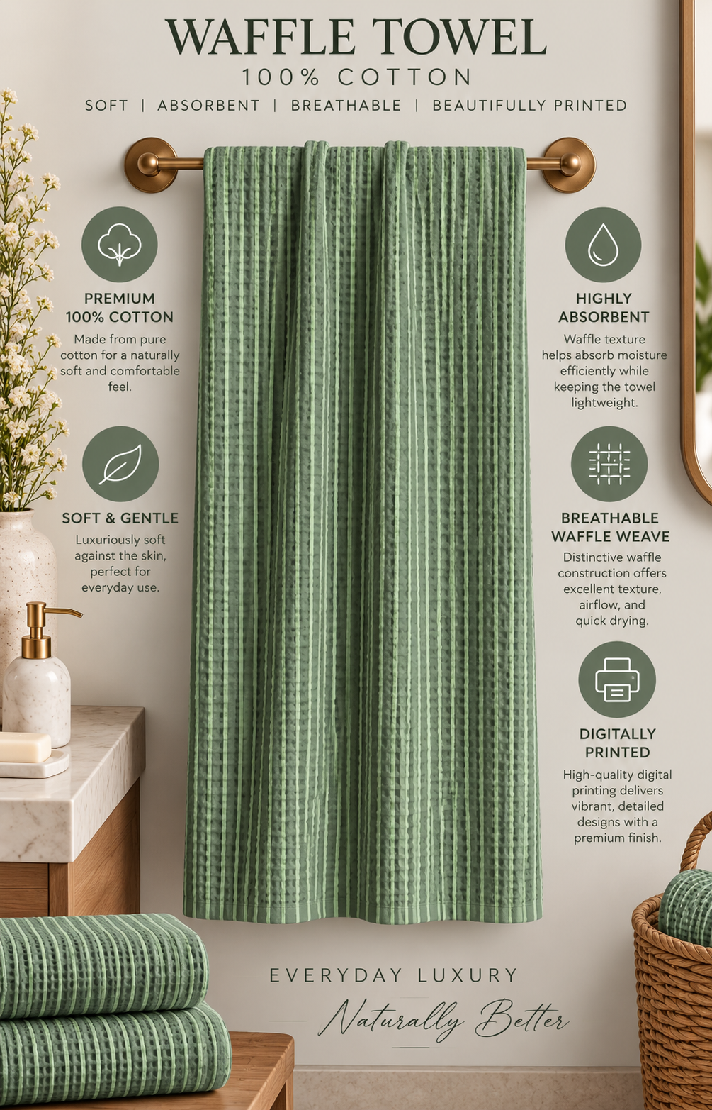 Wavy Stripes Waffle Bath Towel – 100% Cotton