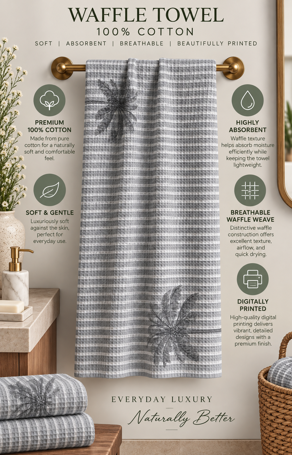 Palm Day Waffle Bath Towel – 100% Cotton