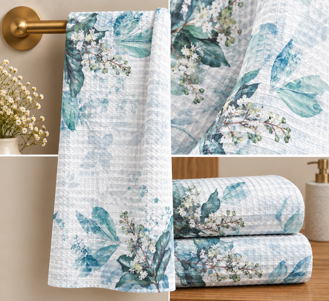 Soft Blue Leaves Waffle Bath Towel – 100% Cotton