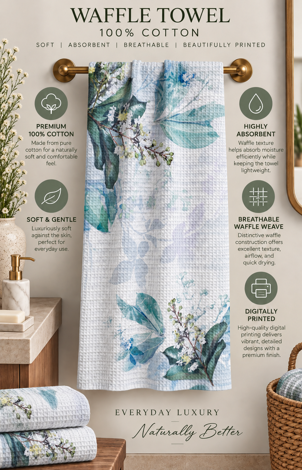 Soft Blue Leaves Waffle Bath Towel – 100% Cotton