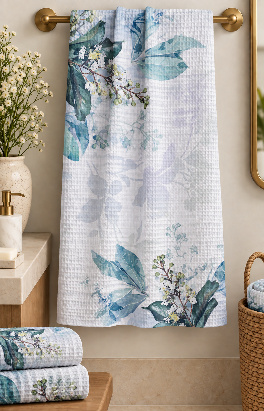 Soft Blue Leaves Waffle Bath Towel – 100% Cotton