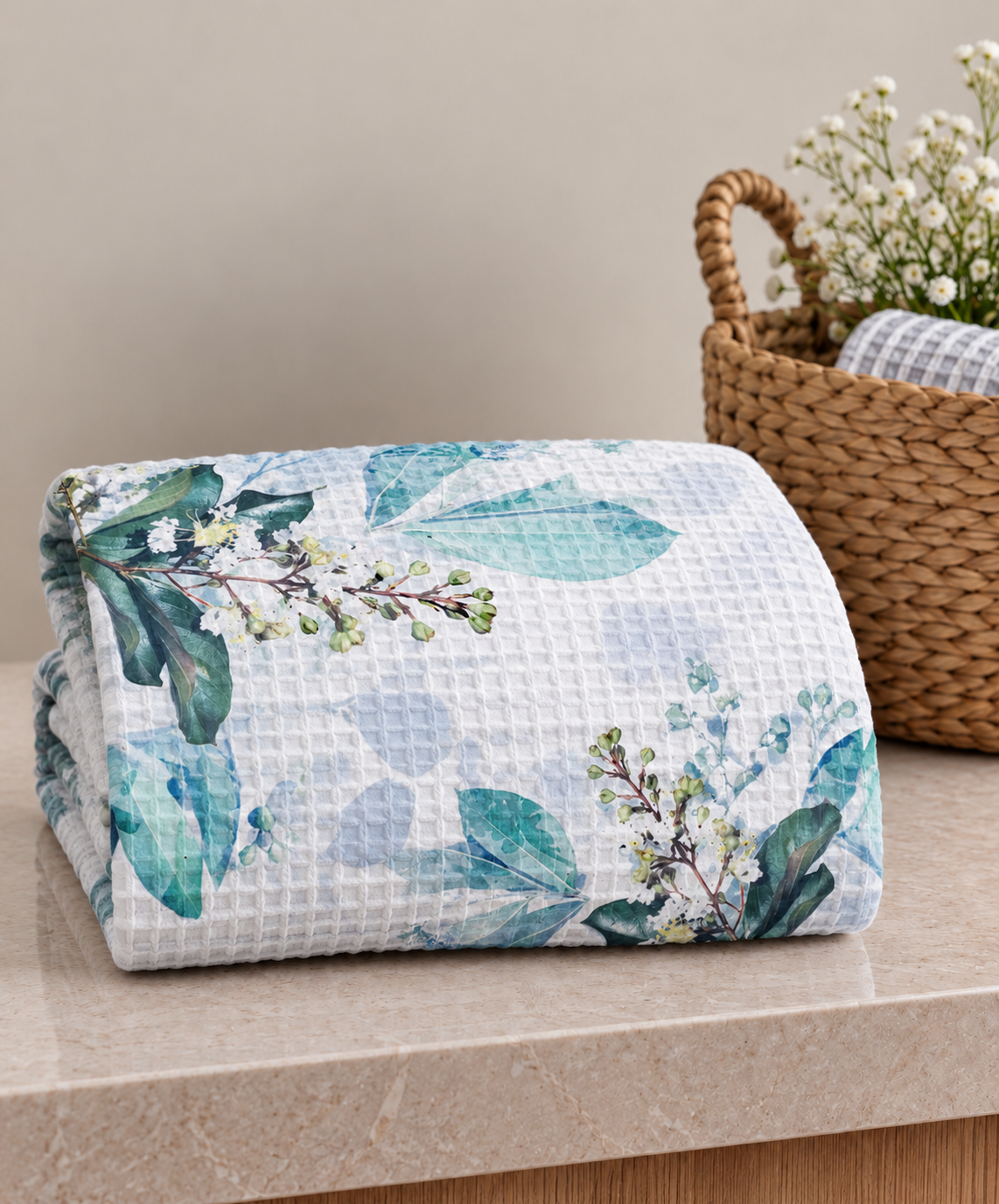 Soft Blue Leaves Waffle Bath Towel – 100% Cotton