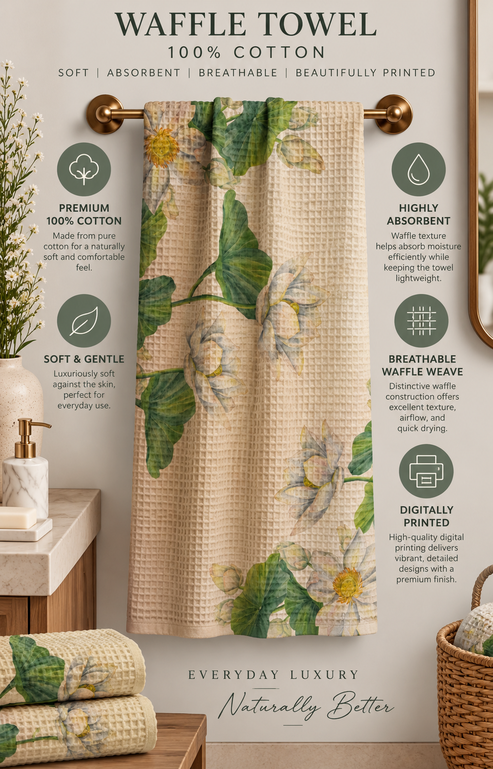 Whimsy Lotus Waffle Bath Towel – 100% Cotton
