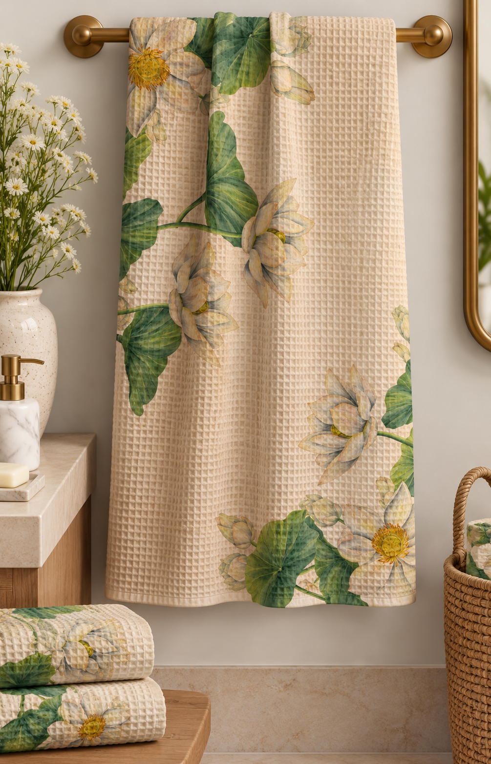 Whimsy Lotus Waffle Bath Towel – 100% Cotton