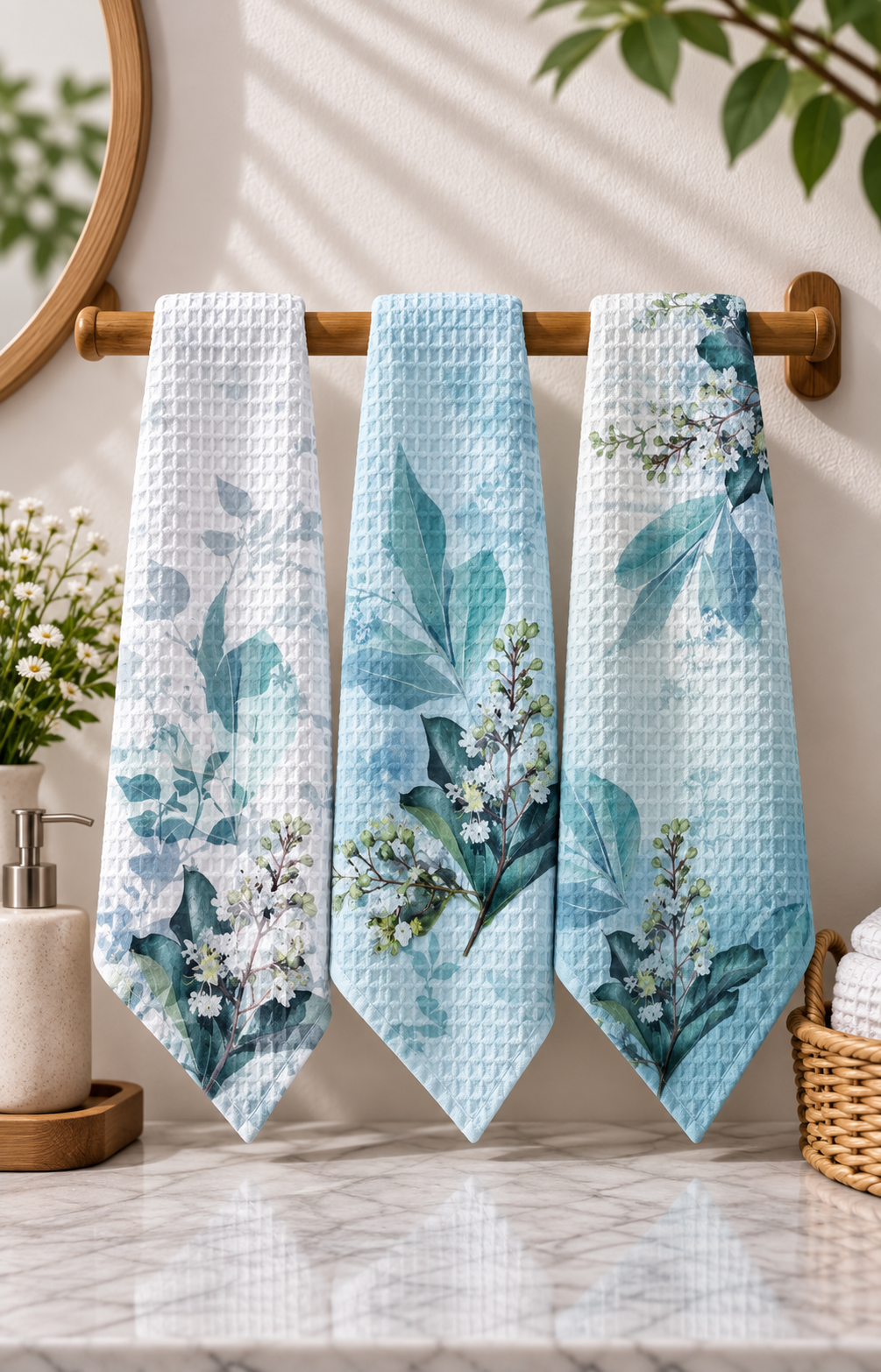 Soft Blue Florals Waffle Hand Towel (Set of 3 - Multi) - 100% Cotton