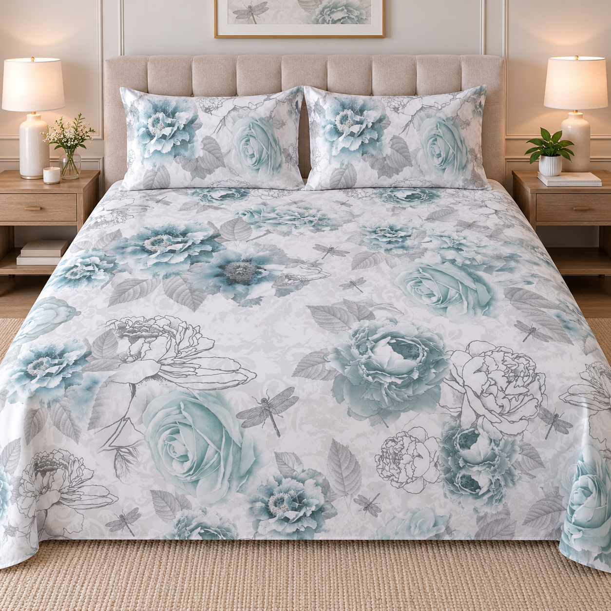 The Bold Blue Rose Luxury Double Bedsheet 800 TC