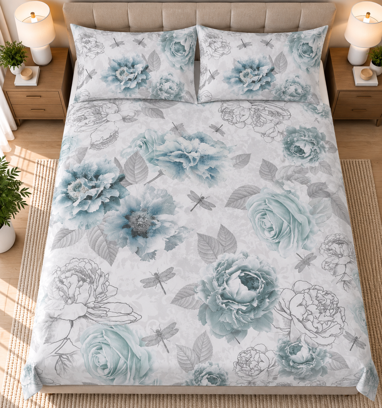The Bold Blue Rose Luxury Double Bedsheet 800 TC