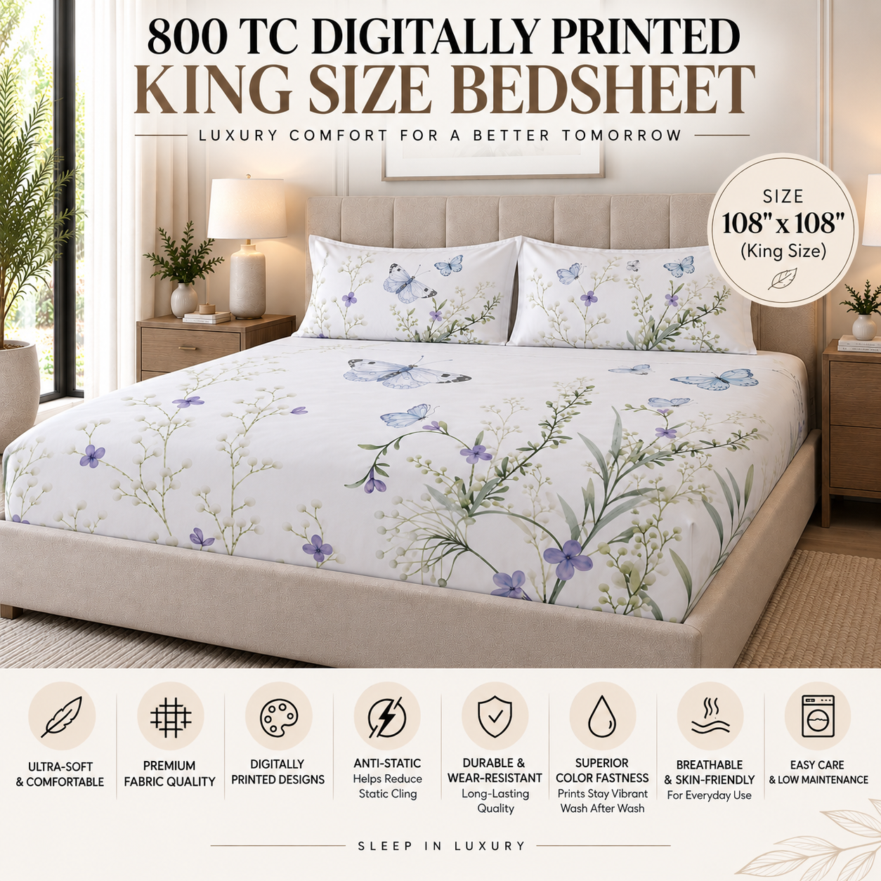 The Butterfly Bloom Luxury Double Bedsheet 800 TC