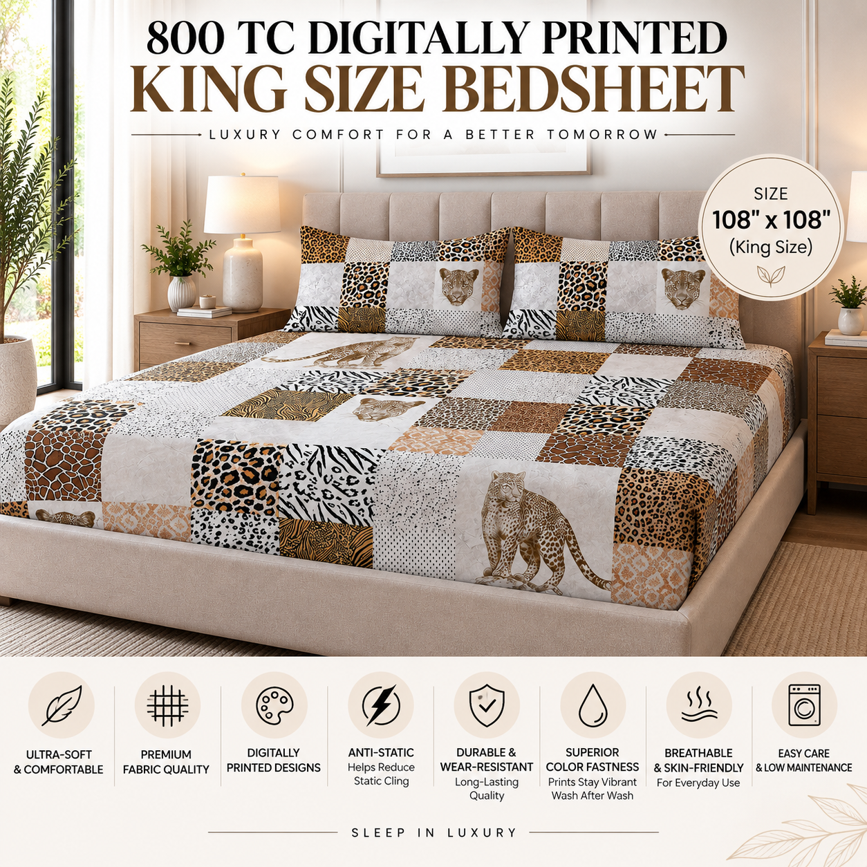 Leopard Luxury Double Bedsheet 800 TC