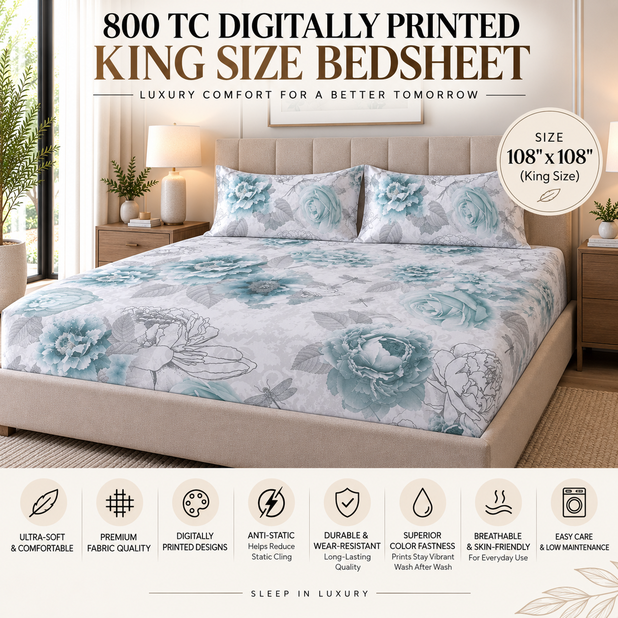 The Bold Blue Rose Luxury Double Bedsheet 800 TC