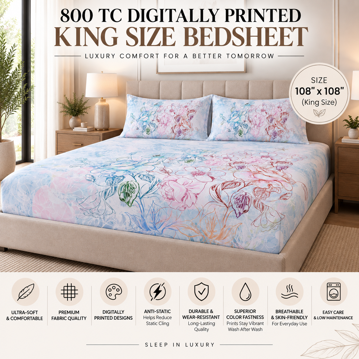 The Floral Land Luxury Double Bedsheet 800 TC