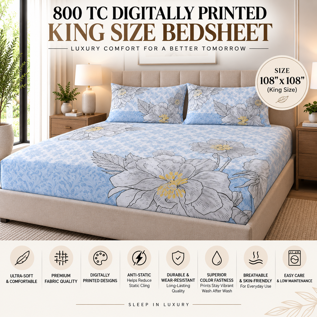 The Blue Rose Luxury Double Bedsheet 800 TC