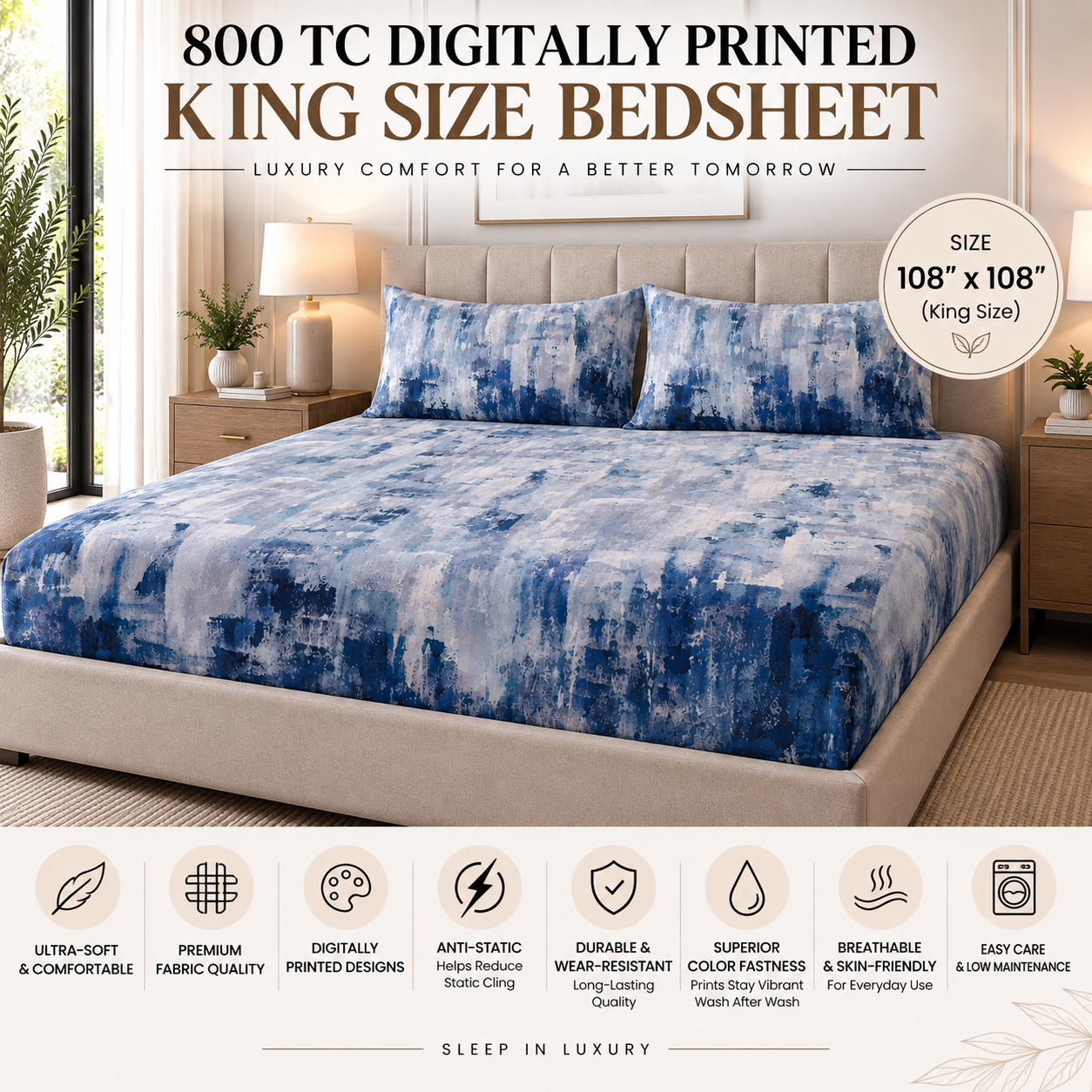 The Indigo Strokes Luxury Double Bedsheet 800 TC