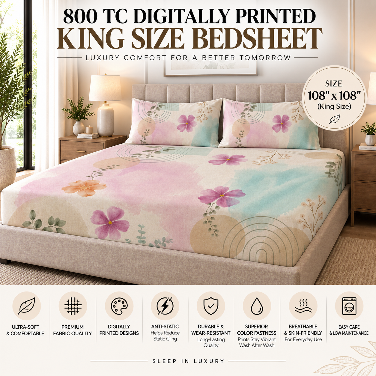 The Abstract Florals Luxury Double Bedsheet 800 TC