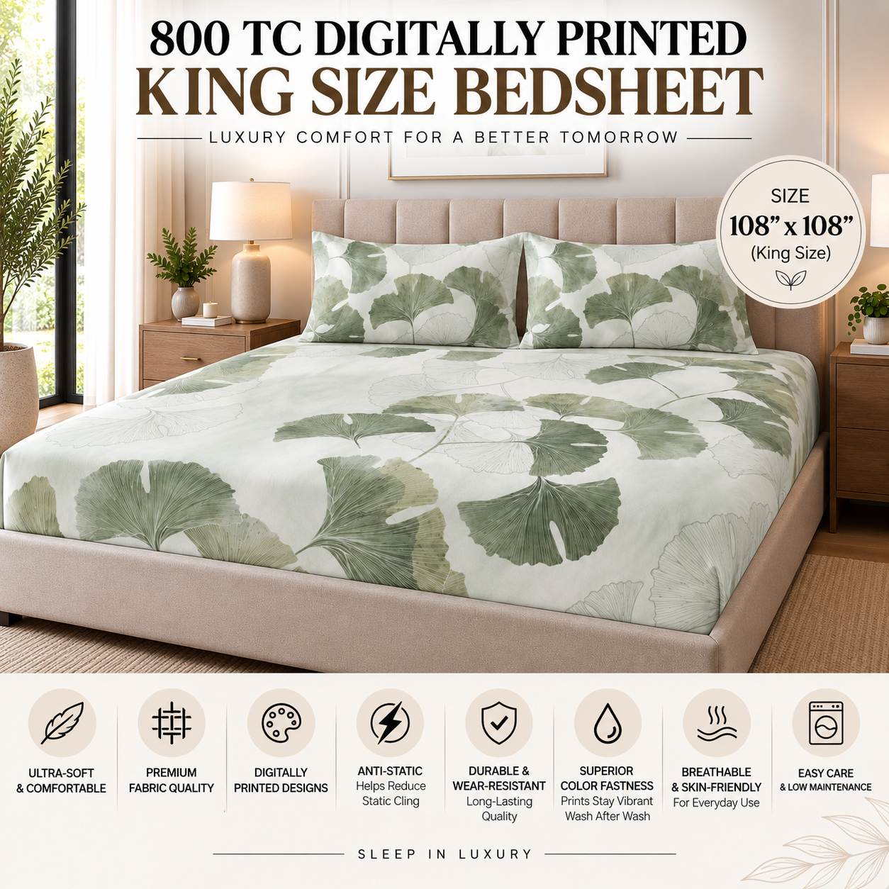 The Ginko Leaves Luxury Double Bedsheet 800 TC