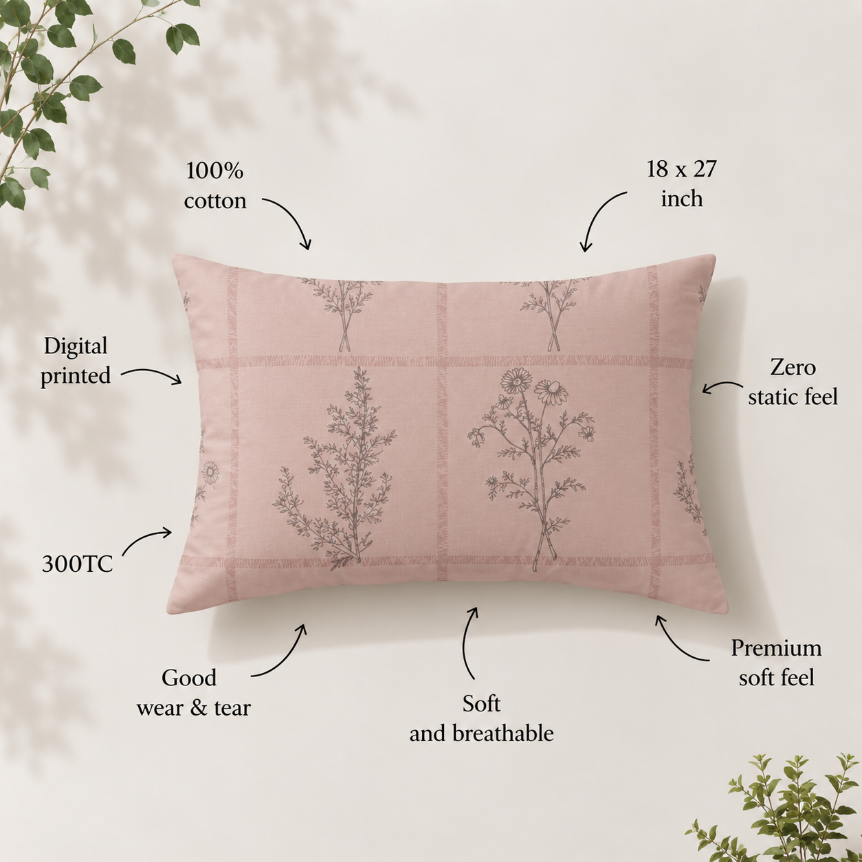 Pink Botanic 100% Cotton Double Bedsheet - 300TC