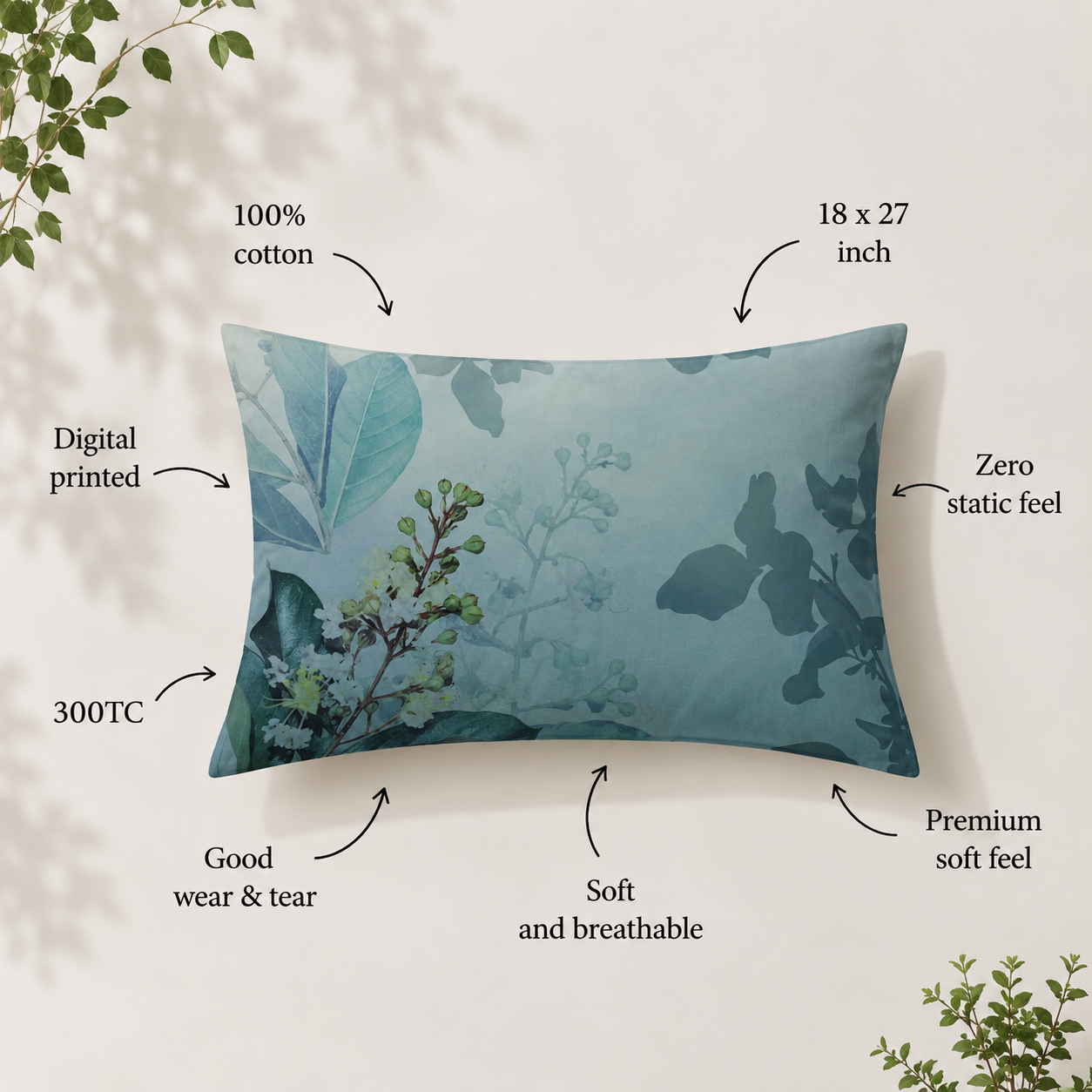 Soft Blue Florals 100% Cotton Double Bedsheet - 300TC