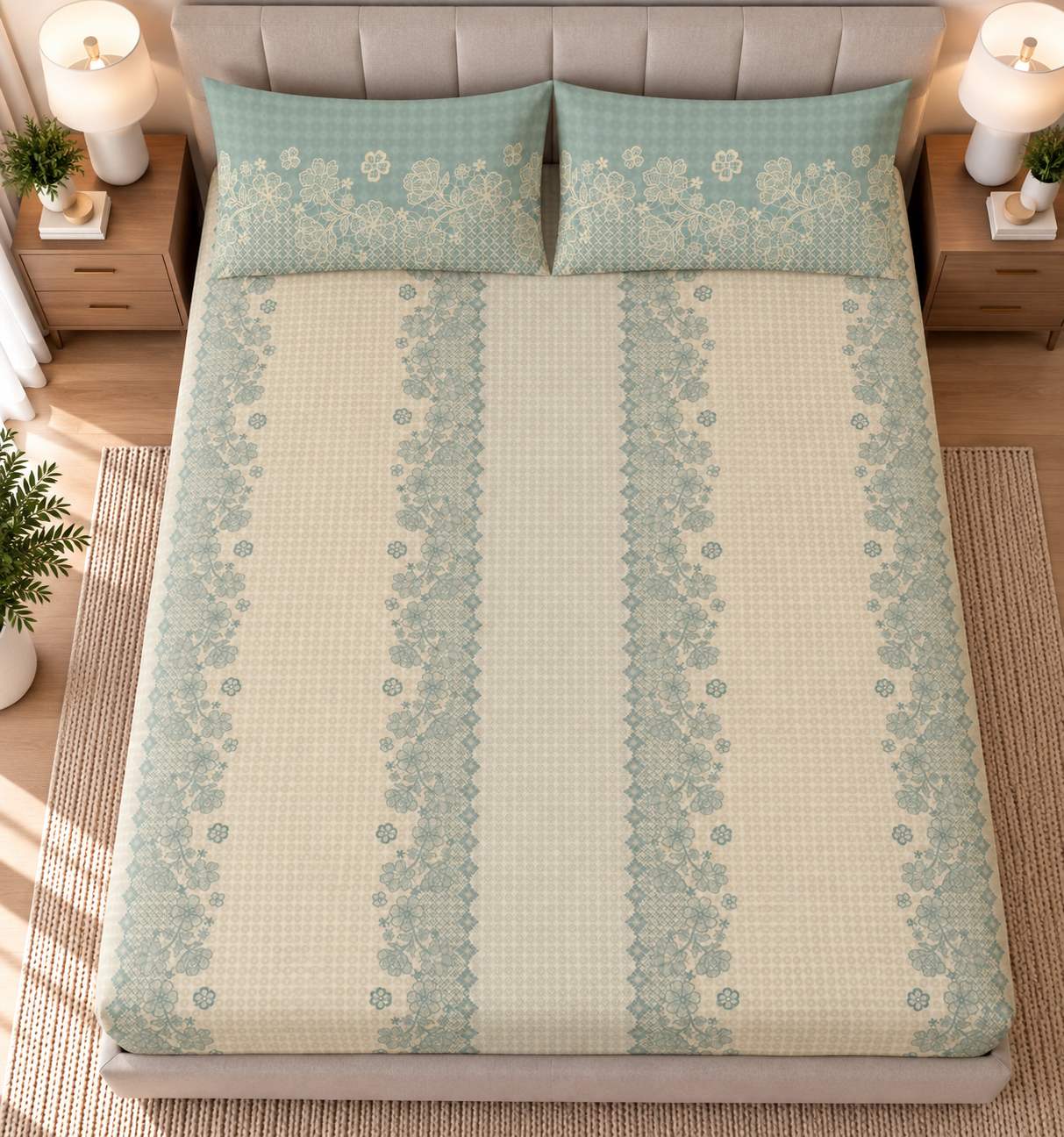 Dusty Blue Cutwork 100% Cotton Double Bedsheet - 300TC