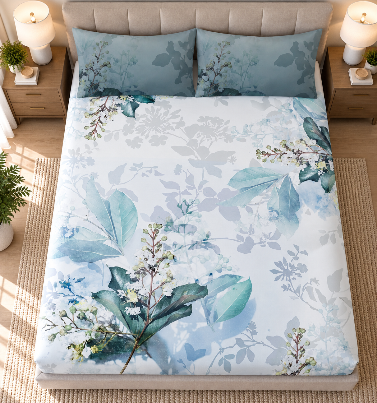 Soft Blue Florals 100% Cotton Double Bedsheet - 300TC