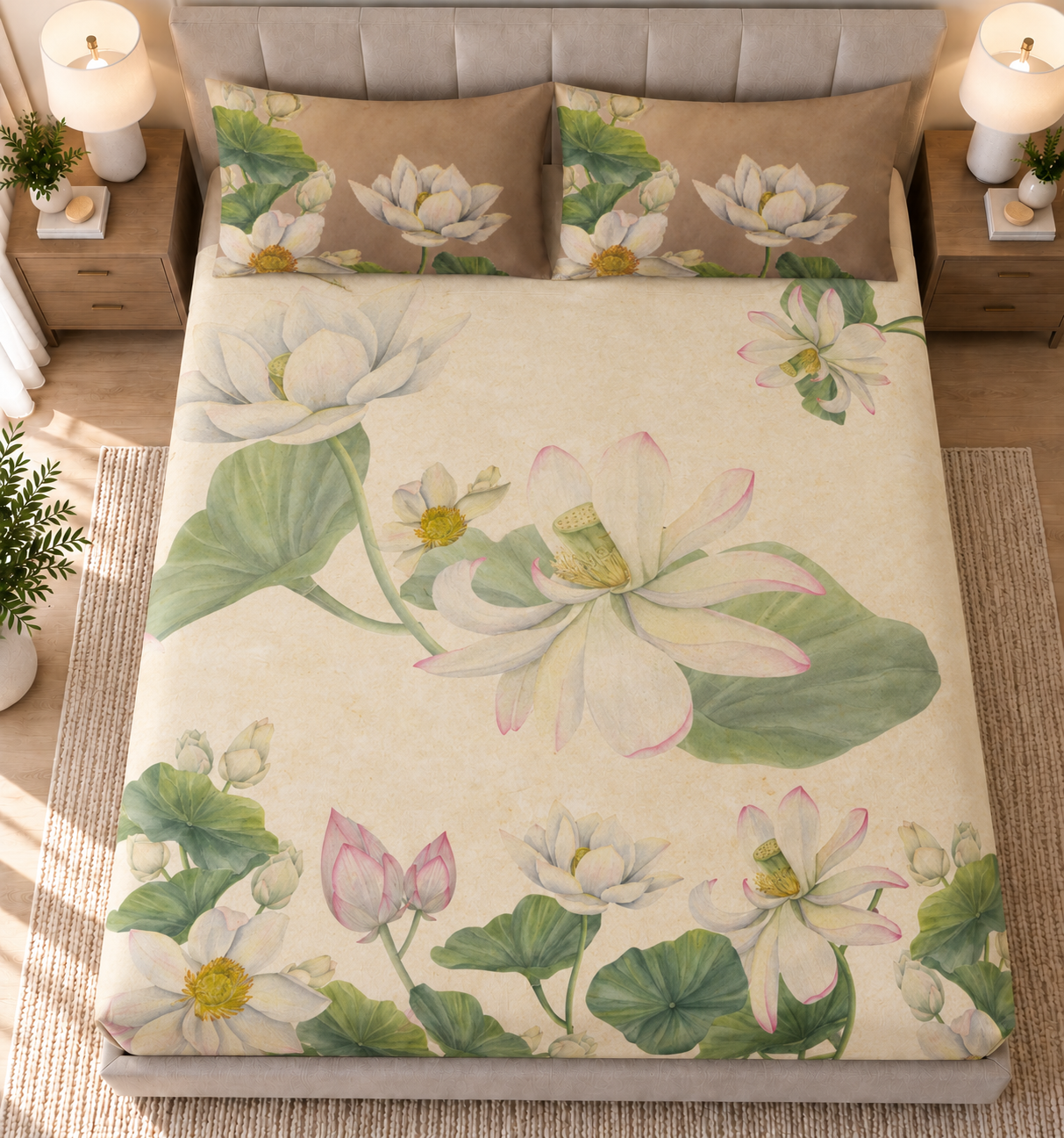 Whimsy Lotus 100% Cotton Double Bedsheet - 300TC