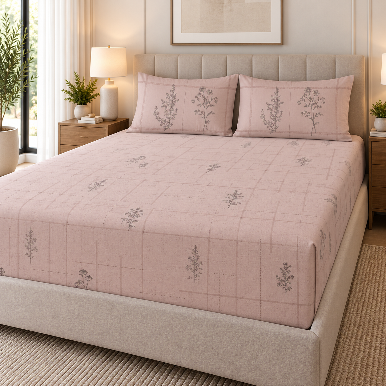 Pink Botanic 100% Cotton Double Bedsheet - 300TC