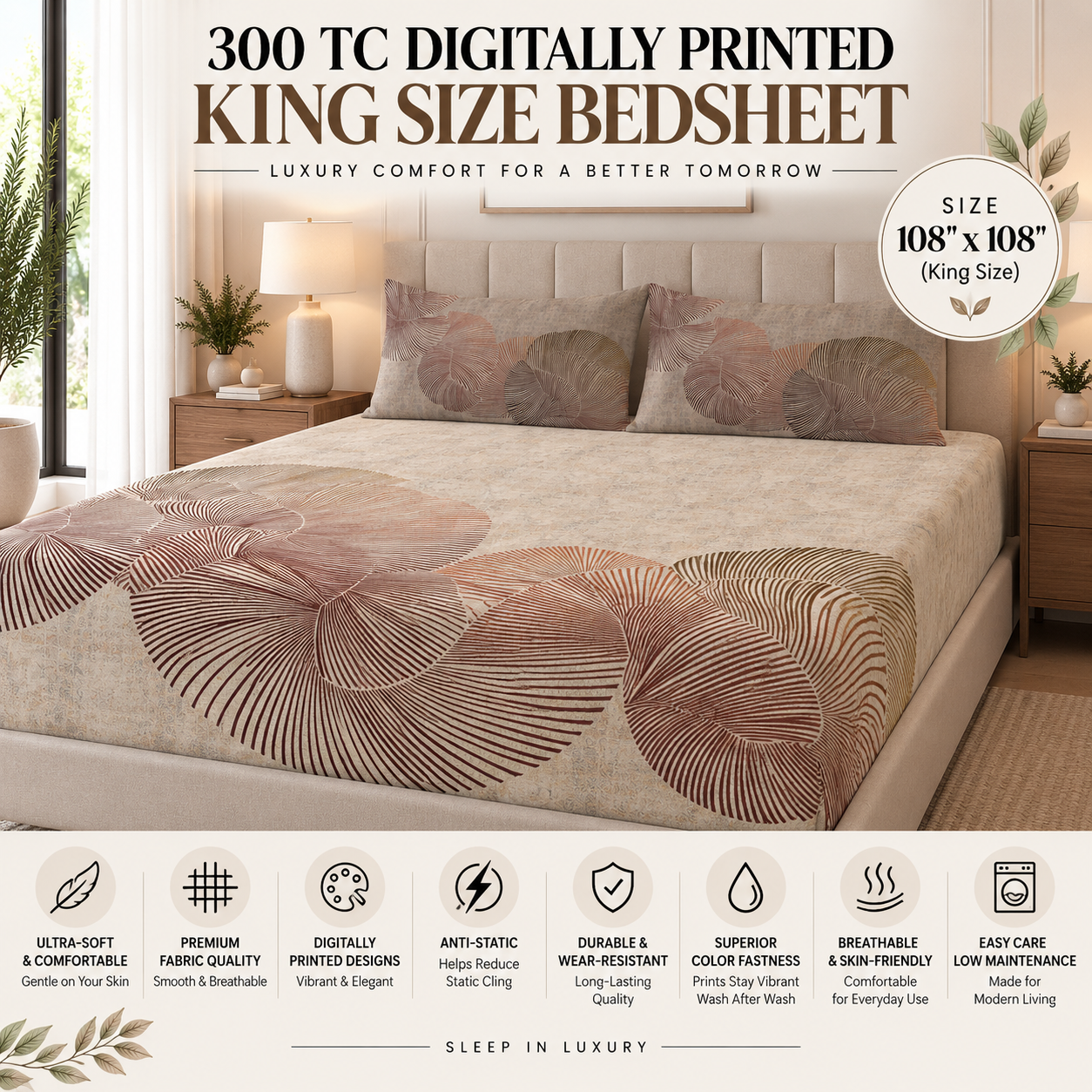 Earthy Flow 2.0 100% Cotton Double Bedsheet - 300TC