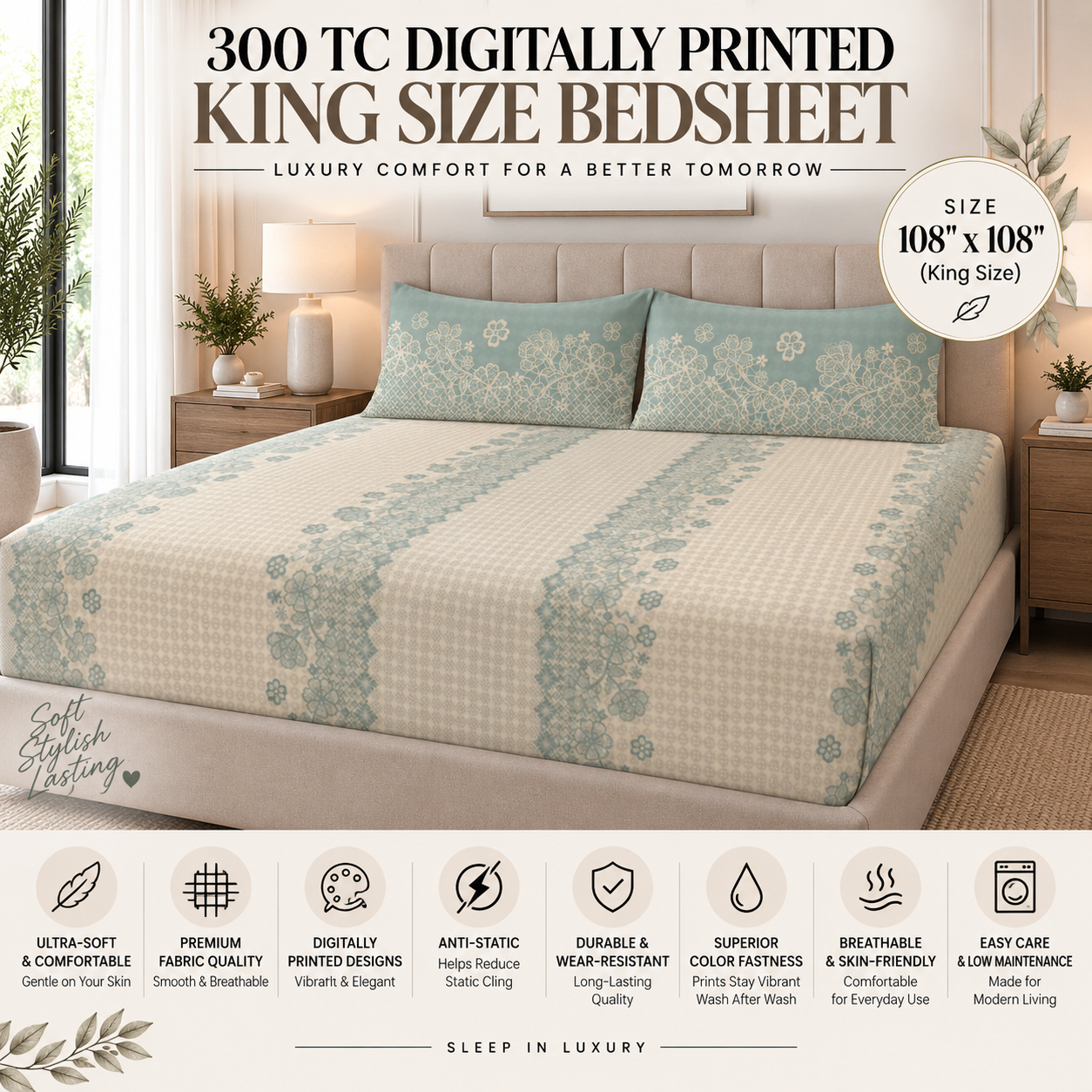 Dusty Blue Cutwork 100% Cotton Double Bedsheet - 300TC