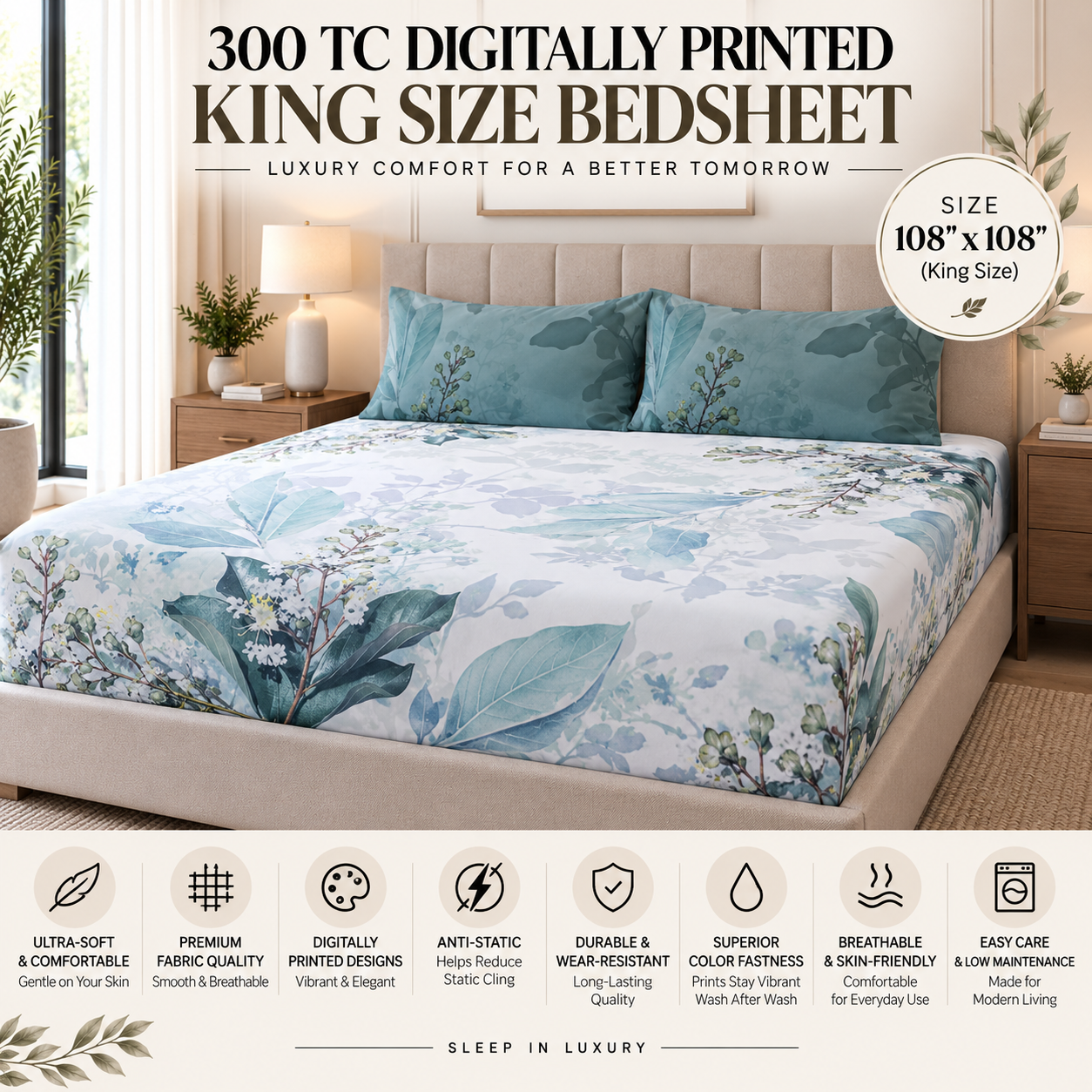 Soft Blue Florals 100% Cotton Double Bedsheet - 300TC