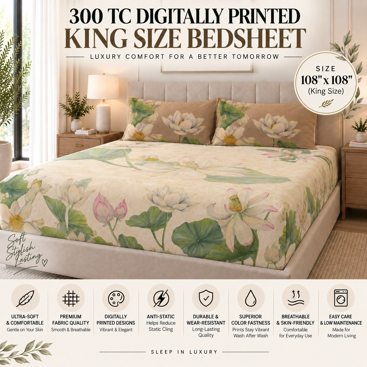 Whimsy Lotus 100% Cotton Double Bedsheet - 300TC