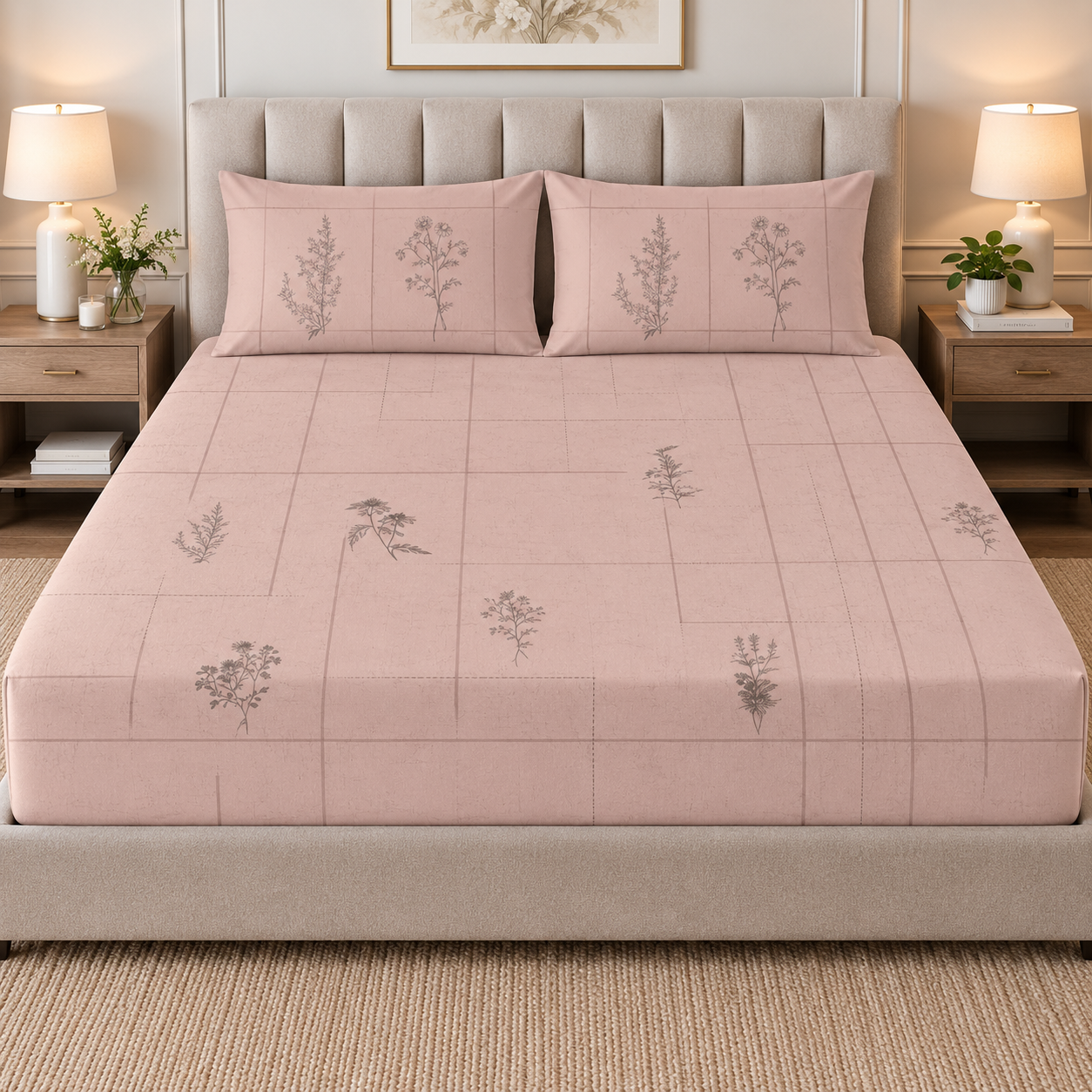 Pink Botanic 100% Cotton Double Bedsheet - 300TC
